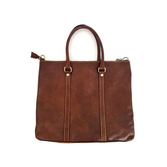 Persaman Work Tote Bag Brown Leather Top Zip Double Handles Crossbody Strap